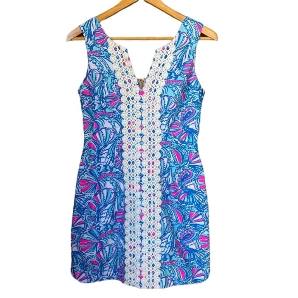 Lilly Pulitzer for Target My Fans Shift Dress Blue Pink Butterfly Crochet Trim - Picture 3 of 9